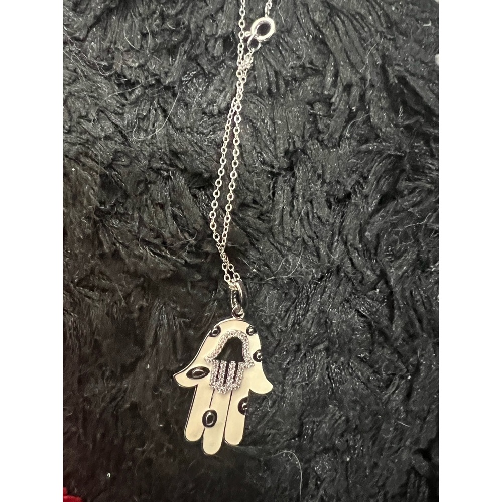 Black and white sterling silver hamsa necklace